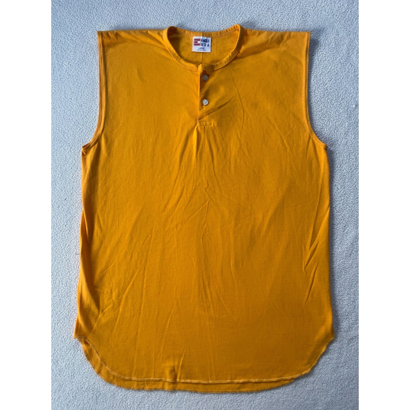 90's Eagle Usa Mens Large Sleeveless Henley Shirt Yellow Made In Usa Curved Hem